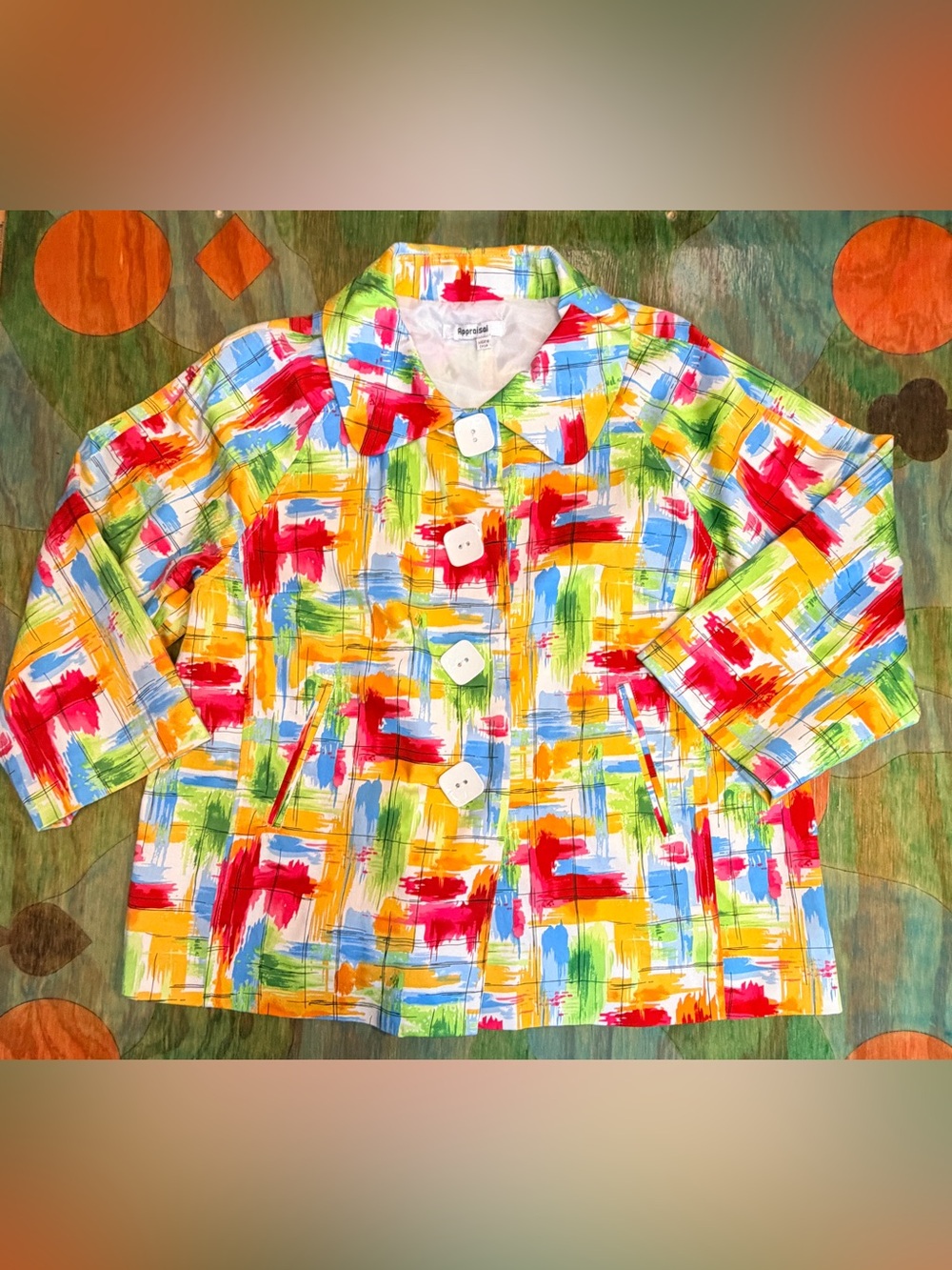 Vtg Womens Size L Appraisal Square Buttons Colorful Paint Brush 80’s Jacket Butt